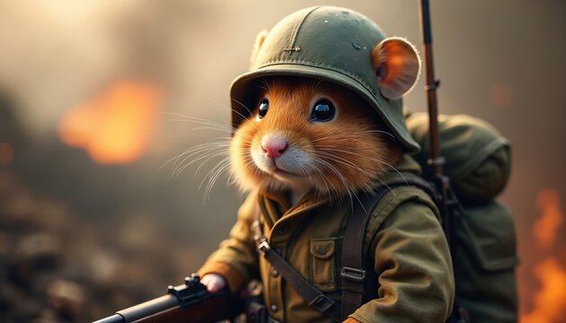 Small hamster in military uniform with rifle and backpack stands alert amidst battlefield smoke and fire. Cute rodent poses as brave soldier, ready for duty, wearing helmet and combat gear. - Powered by Adobe