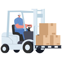 Factory Illustration. Vector illustration of Operator drives a forklift carrying stacked boxes on a warehouse route. Isolated on background