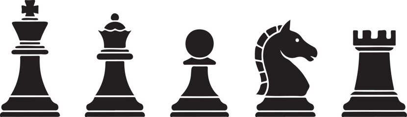 Chessboard vector. Black chess pieces silhouette king queen bishop rook knight pawn vector © waqar