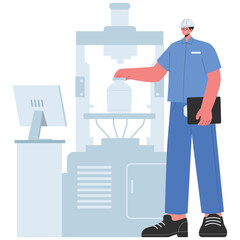 Factory Illustration. Vector illustration of Engineer checks a press machine and product sample while monitoring on a computer. Isolated on background