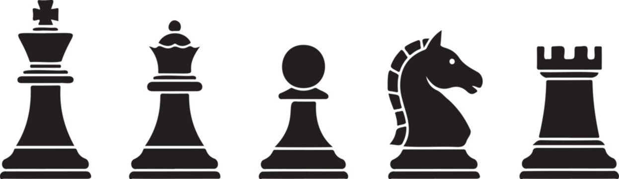 Chessboard vector. Black chess pieces silhouette king queen bishop rook knight pawn vector