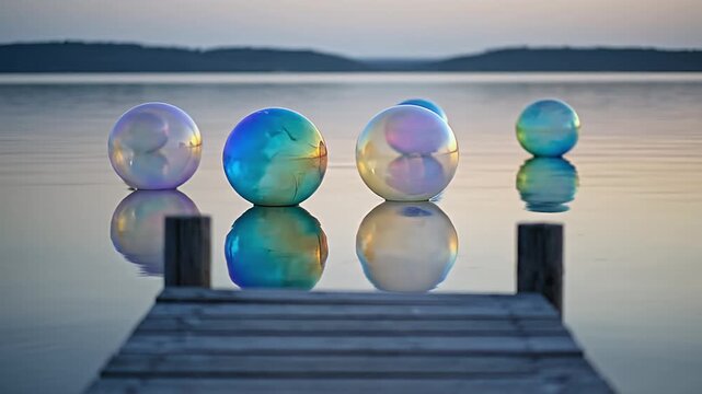 Dreamlike Iridescent Spheres Gently Floating on Calm Water Reflecting Sunset Hues from a Rustic Wooden Dock Peaceful Lake Scene with Pearlescent Orbs
