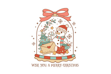 Wish You a Merry Christmas, Snowman in a Christmas Snow Globe Greeting Card illustration Sublimation Design
