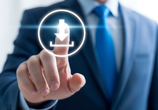 Business person pressing virtual download button with glowing circular icon, symbolizing digital interaction and technology in modern interface - Powered by Adobe
