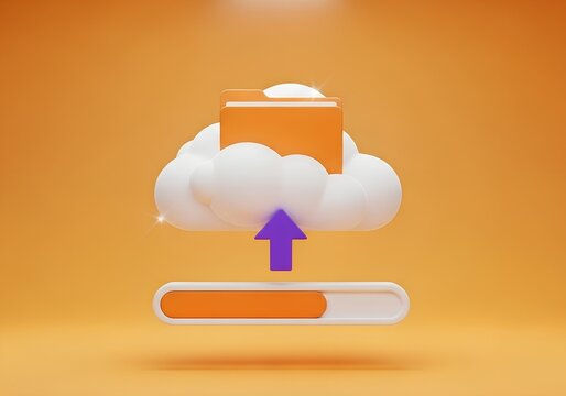 3D cloud icon with orange file folders, purple upload arrow, and progress bar on orange background, symbolizing cloud storage and data upload