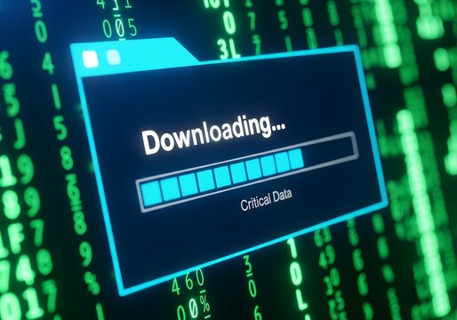 Digital download of critical data with progress bar on cyber interface, high-tech folder icon, and green matrix-style background for cybersecurity or tech themes