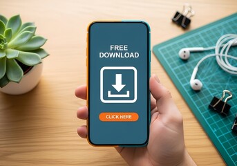 Hand holding smartphone with free download screen, orange click button, and desk accessories in modern workspace
