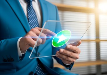 Business professional using futuristic transparent tablet with glowing play button, digital interaction in modern office setting with warm light and blinds