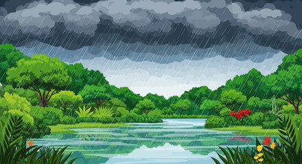 Obraz premium Vector landscape illustration of monsoon season with lush greenery, heavy rain, dark clouds, and reflections on wet ground
