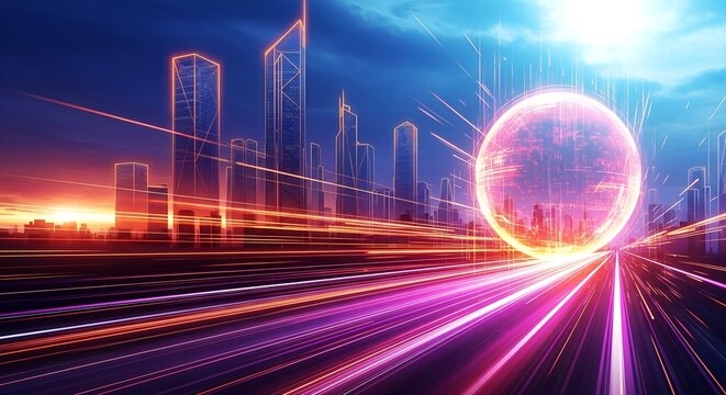 Futuristic cityscape with neon-lit skyscrapers and glowing sphere speeding along road at sunset, symbolizing high-tech travel and digital energy