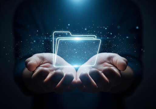 Hands presenting glowing holographic folder icon with digital particles on dark background, symbolizing virtual data sharing
