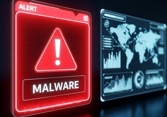 Cybersecurity malware alert on digital dashboard interface with warning sign, global threat detection, data monitoring, and system breach notification
