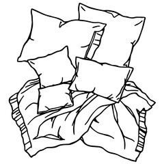 Minimalist a sketch of a bed with a blanket and several pillows of different sizes in a linear style art form vector