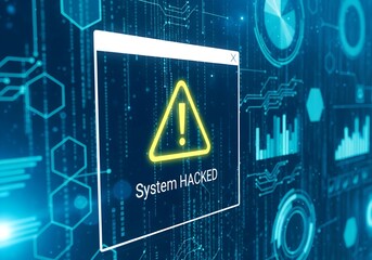Digital warning popup with yellow triangle and SYSTEM HACKED message on tech interface, symbolizing cybersecurity breach and hacking alert