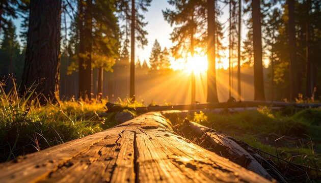 Sun rays stream through trees over a log in a vibrant forest