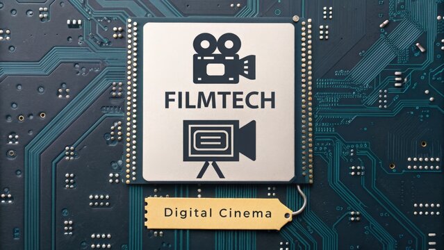 A FilmTech Icon Over a Digital Circuit Board Displaying Cinema