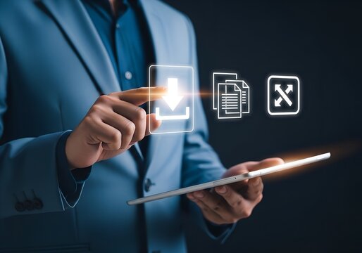 Business person using tablet to interact with virtual interface showing download, document, and expand icons for digital file management