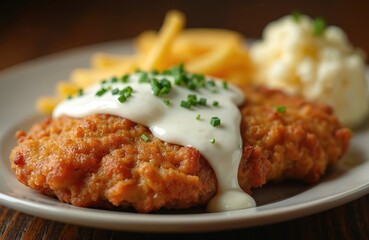 Fototapeta premium Fried chicken steak sits on white plate with mashed potatoes and french fries. Creamy gravy with chopped chives covers steak. Served with side of fluffy mashed potatoes and golden french fries.