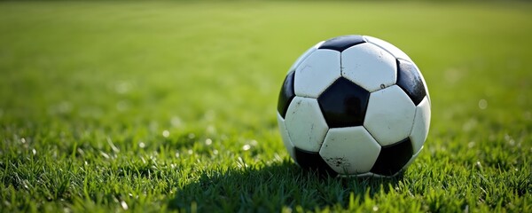 Classic black and white soccer ball on a green grass field. The ball is resting on the grass with some dirt marks on its panels. Green lawn in the background is blurred.