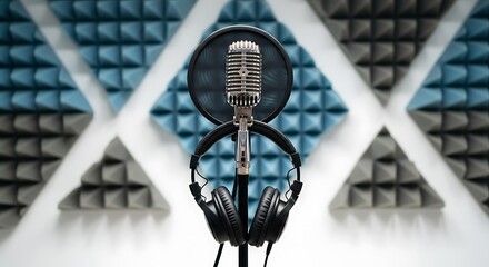 Classic studio microphone and headphones on stand against soundproof acoustic wall