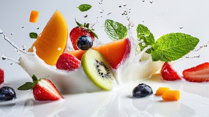 Fresh Fruit Splash with Milk and Mint Leaves in a Bright Scene