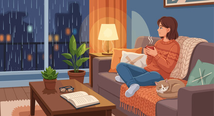 Fototapeta premium Cozy flat vector illustration of staying at home during rainy day, window with raindrops, warm tea, plants, books aesthetic minimalist style for lifestyle blogs
