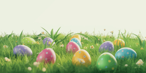Colorful easter eggs hidden in lush green grass with a white background