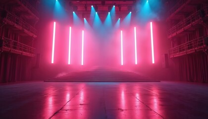 Empty concert stage setup with vibrant pink and blue neon lights. Stairs lead to elevated platform, fog fills atmosphere. Ready for performance or show.