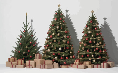 Three decorated christmas trees with presents in front of a white wall