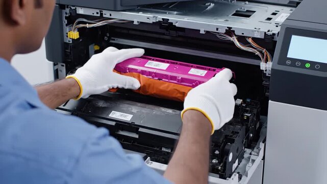 Technician Replacing Magenta Toner Cartridge in Color Laser Printer for Office Efficiency