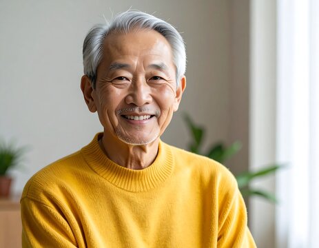 Close-up of an elderly Asian man with silver hair and a warm smile, wearing a yellow sweater, looking at the viewer