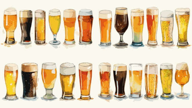 Watercolor beer glasses set featuring lager, ale, stout, IPA, and pilsner. Hand-painted craft beer collection for bar menus, brewery branding, and beverage design.