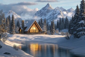 A beautiful cabin in the snowy mountains with snow covered trees and a peaceful lake reflecting its lights perfect for winter vacation or living.