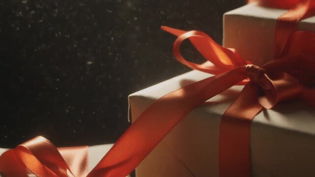 Festive Gift Boxes Tied With Elegant Red Ribbons in Soft Lighting.