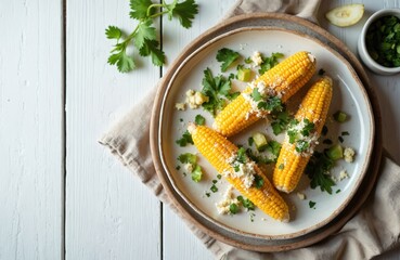 Elote on plate on wooden surface. Mexican street corn is topped with cheese, herbs. Sweet summer snack is on textured background. This healthy recipe is viewed from above.