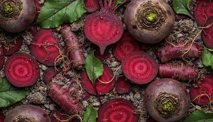 Overhead view of whole and sliced fresh red beets with green leaves on a textured background