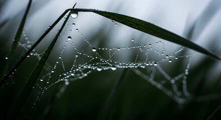 Close-up of a dew-covered spider web among grass blades in the early morning light, showcasing intricate details and natural beauty of the outdoors