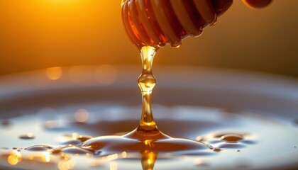 Honey dripping from a spoon sunrise setting close-up macro shot natural beauty artistic perspective nature's sweetness