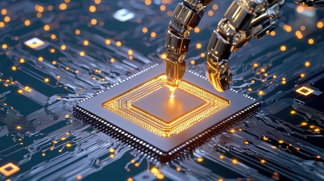 Robotic Arm Installing Microchip on Circuit Board in Futuristic Setting