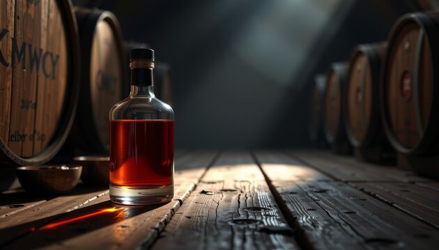 Crafting spirits clear glass bottle filled with whiskey distillery still life rustic environment close-up liquid gold