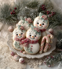 Adorable snowman Christmas cookies with floral icing details and candy canes on a vintage plate, surrounded by pine branches and festive decor

