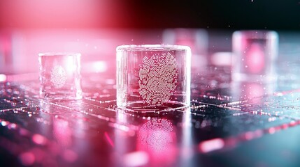 Transparent cubes containing digital fingerprints are arranged on a circuit board, illuminated by pink and blue lights.