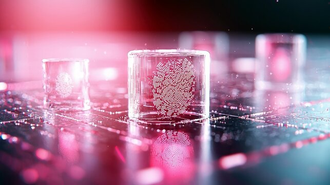 Transparent cubes containing digital fingerprints are arranged on a circuit board, illuminated by pink and blue lights.