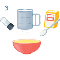 Pixel Art Depiction of Baking Ingredients Including a Salt Shaker a Mug of Flour a Bowl of Batter and a Spoon of Sugar on a Transparent Background