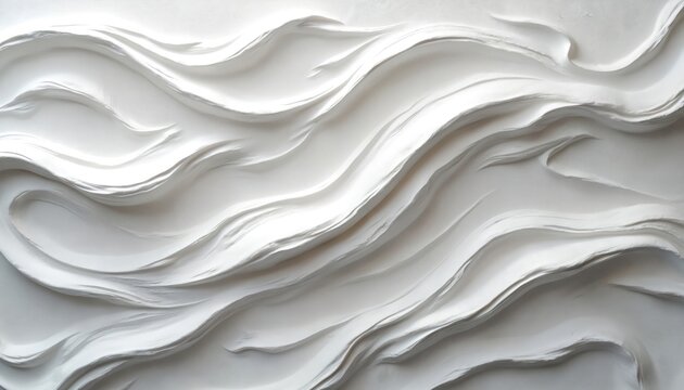 White impasto painting with thick texture forms layered wavy curves. Abstract fluid art creates a dynamic dimensional feel. Elegant cream swirls flow across canvas in bright glossy style.