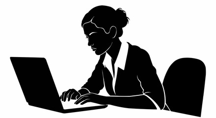 Woman working on laptop focused and concentrated on her work.