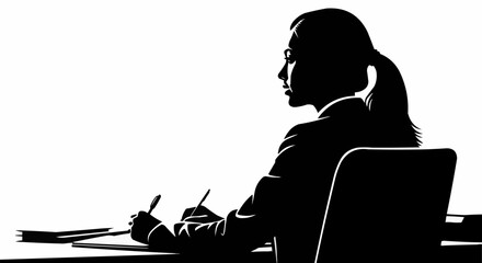 Silhouette of a woman working diligently at her desk.