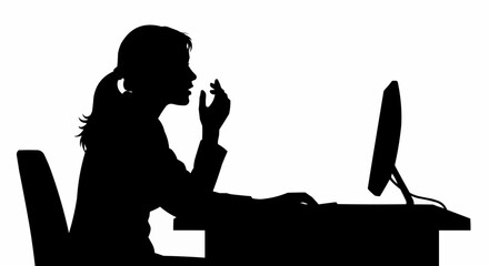 Silhouette of a woman working at a computer desk.