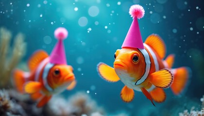 Two clownfish wearing party hats swim in blue ocean water. Adorable underwater animals celebrate birthday with festive pink conical hats, fluffy pom poms on top. Cute sea creatures enjoy festive