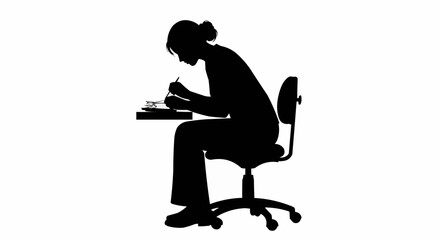 Silhouette of a woman writing at a desk, focused on her work.